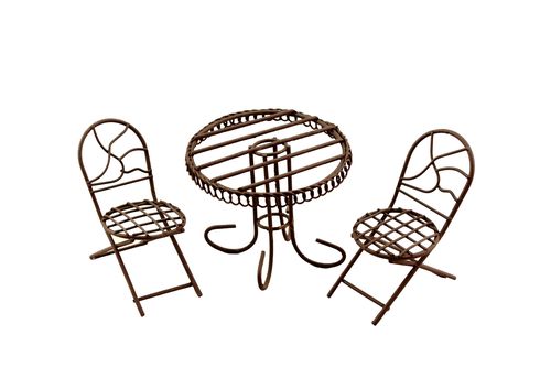 Металлическая мини мебель коричневая - стол и два стула; стол: DIA7,5*6,5см/стул:5,5*DIA3.5*7см SCB271031
